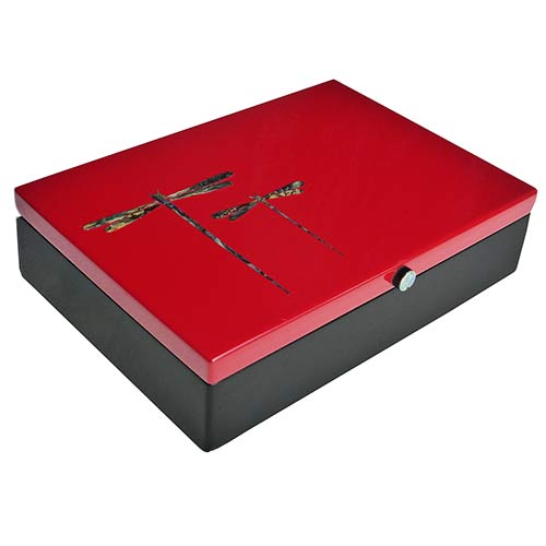 Black Lacquer Box With Red Lid And Inlaid Dragongflies