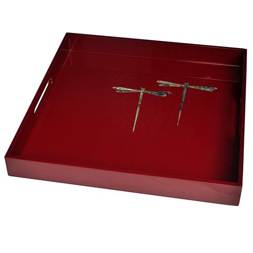 Red Lacquer Tray With Inlaid Dragonflies