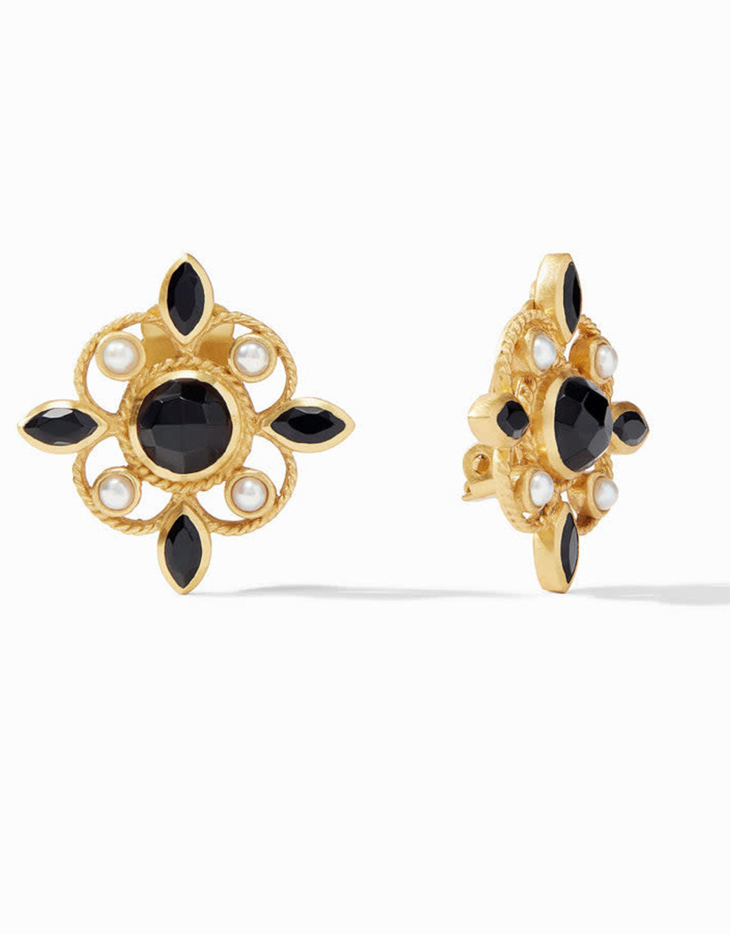 Monaco Gold Obsidian Black and Pearl Clip Earrings