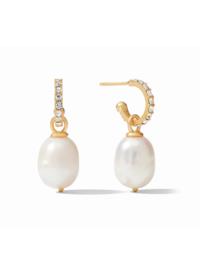 Odette Pearl Hoop and Charm Gold CZ Earrings